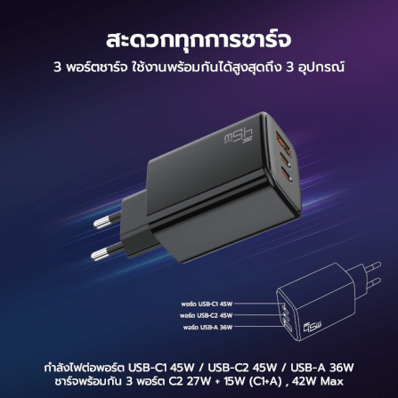 หัวชาร์จ 45W ZTEC ZA452 รองรับเทคโนโลยีชาร์จด่วน PD ขาปลั๊กไทย ได้รับมาตรฐาน มอก._6